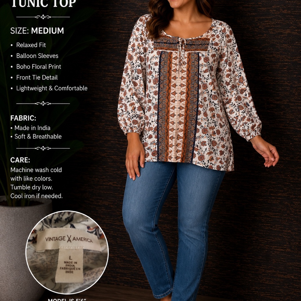 Vintage America Boho Floral Tunic Top Size Large